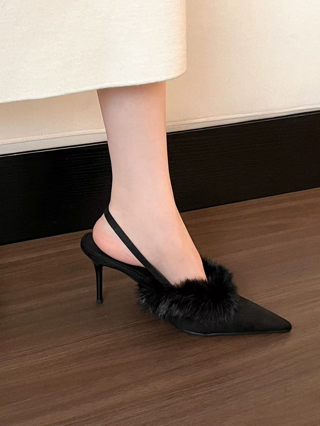 Ladies Slingback Pumps with luxurious fur trim and elegant pointed toe design Lune London