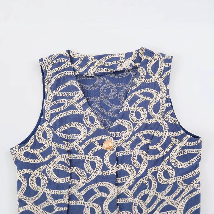 Women Tailored Short Vest with V-Neck and Decorative Embroidery Amarae