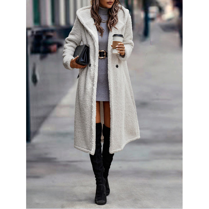 Women's Maxi Length Teddy Coat with Hood and Double Button Placket Amarae