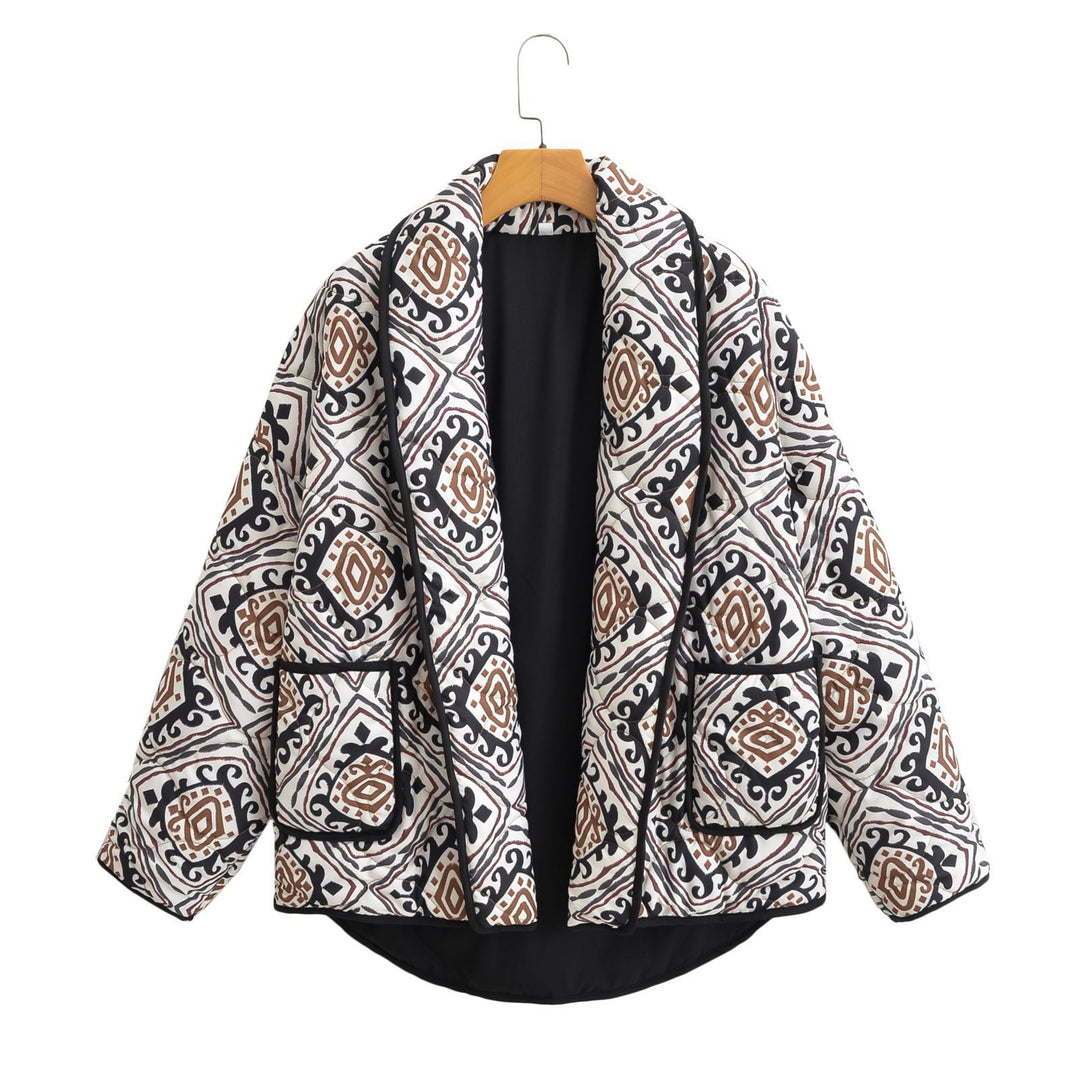 Women's quilted kimono jacket with graphic ethnic print and waist belt Amarae