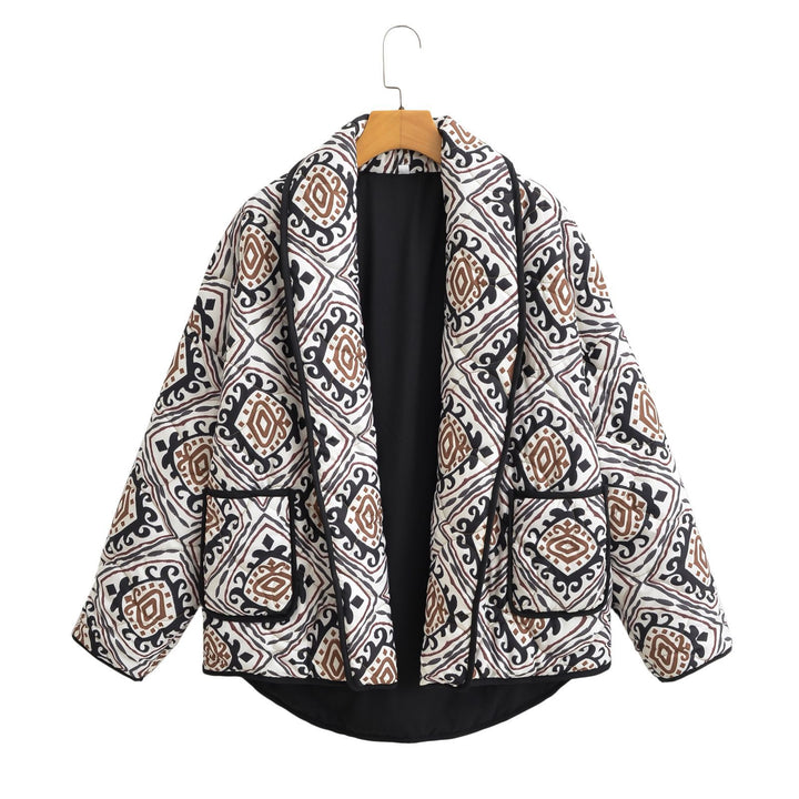 Women's quilted kimono jacket with graphic ethnic print and waist belt Amarae