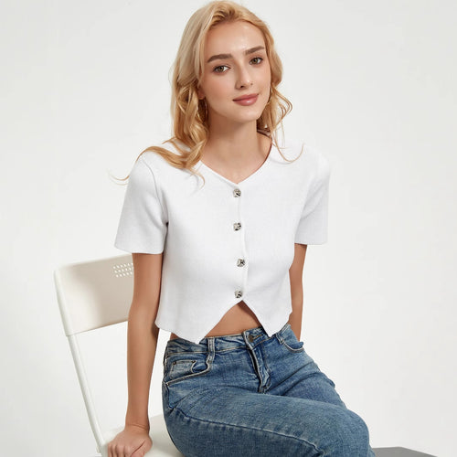 Short sleeve blouse for women with decorative button details Amarae