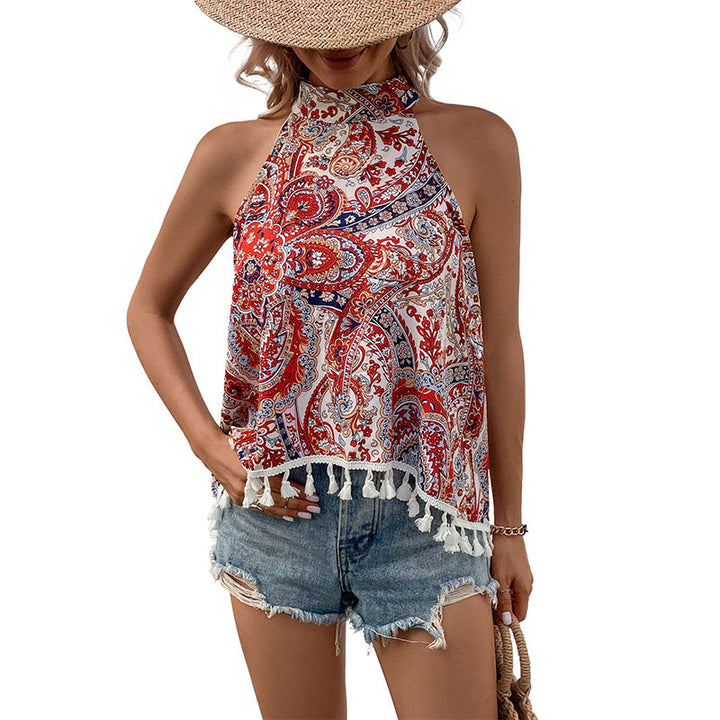 Fringe boho top with halter neckline for ladies printed Lune London