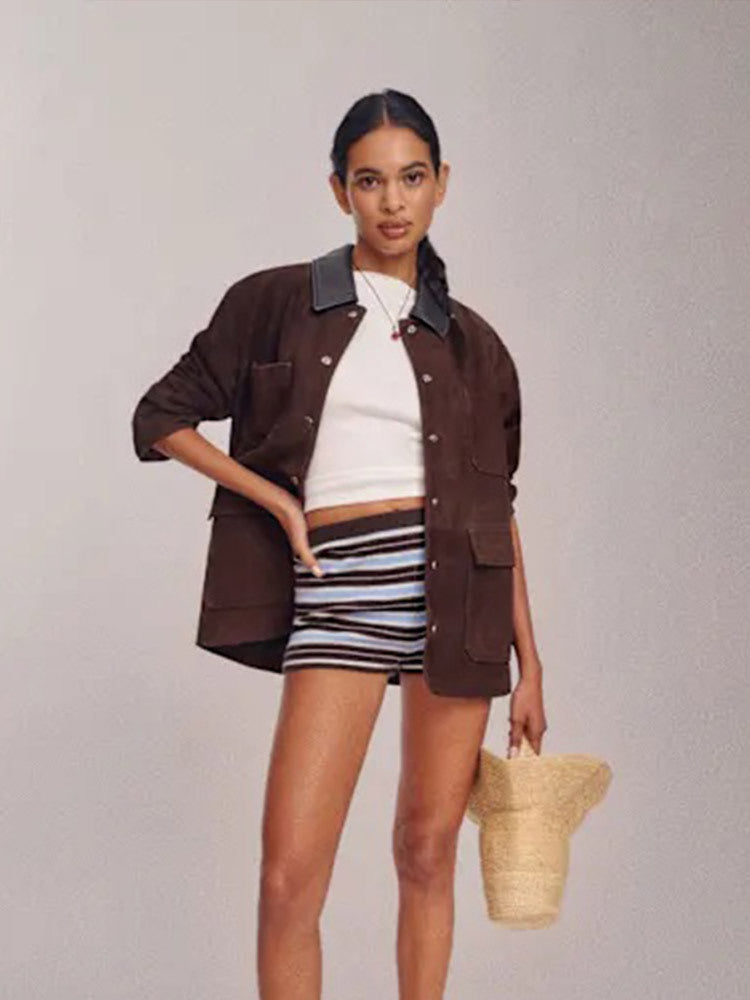Women's Oversized Utility Jacket in Suede Look with Contrast Collar & Patch Pockets Amarae