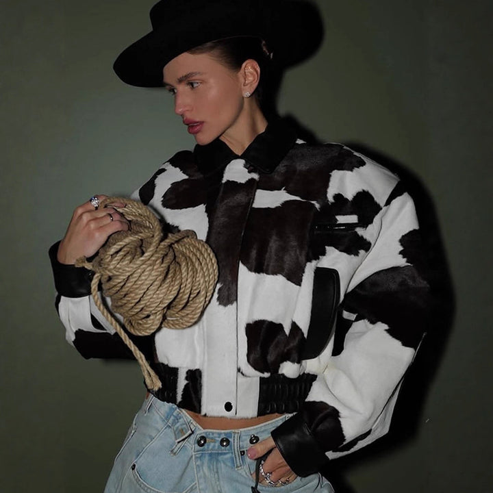 Women Short Cut Boxy Faux Fur Jacket in Cow Spot Pattern Amarae