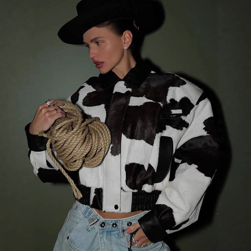 Women Short Cut Boxy Faux Fur Jacket in Cow Spot Pattern Amarae