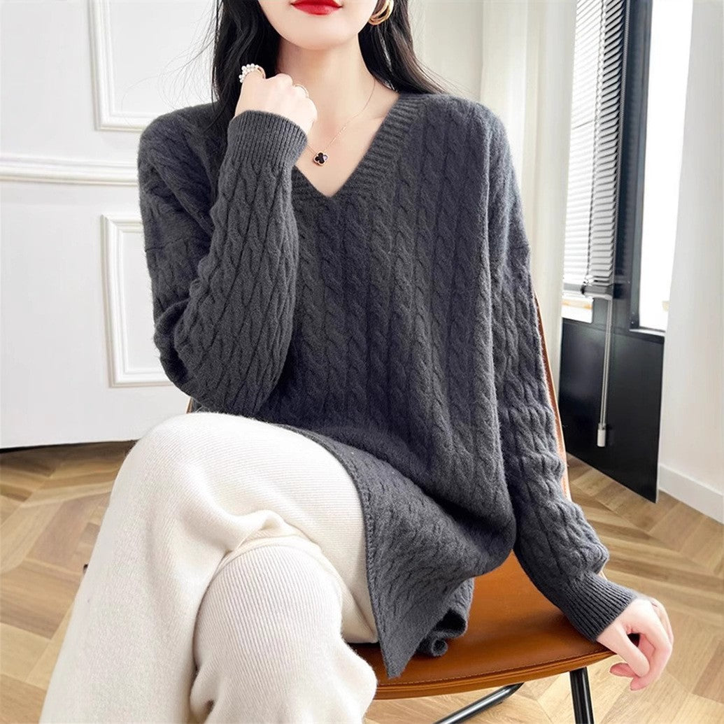 Pull épais en tricot pour femme avec deep V-neck et tissu texturé Chic & Stil