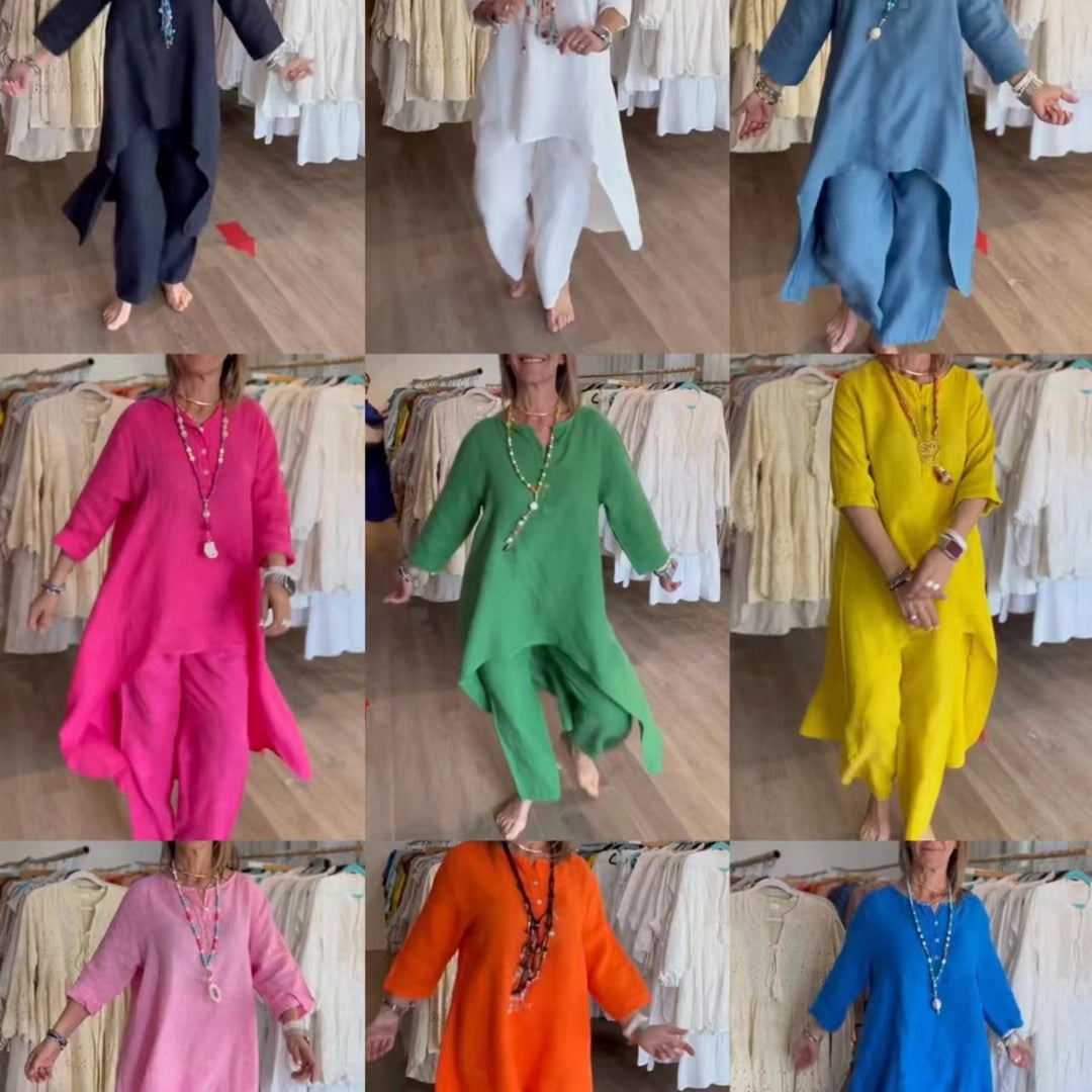 Women's Midi-Length Linen Tunic Set with Asymmetric Hem and Wide Palazzo Pants Amarae