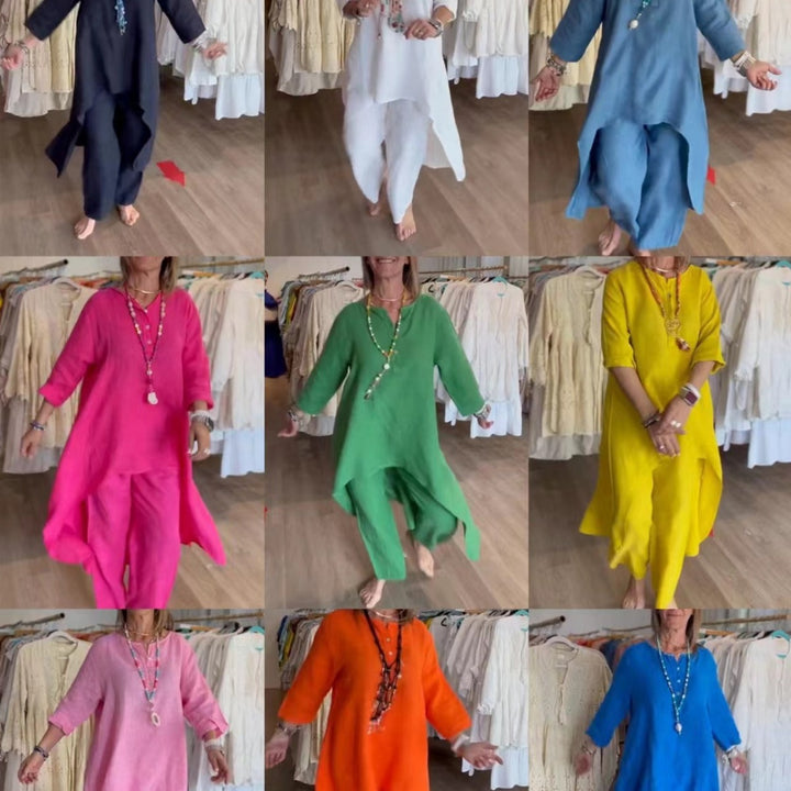 Women's Midi-Length Linen Tunic Set with Asymmetric Hem and Wide Palazzo Pants Amarae