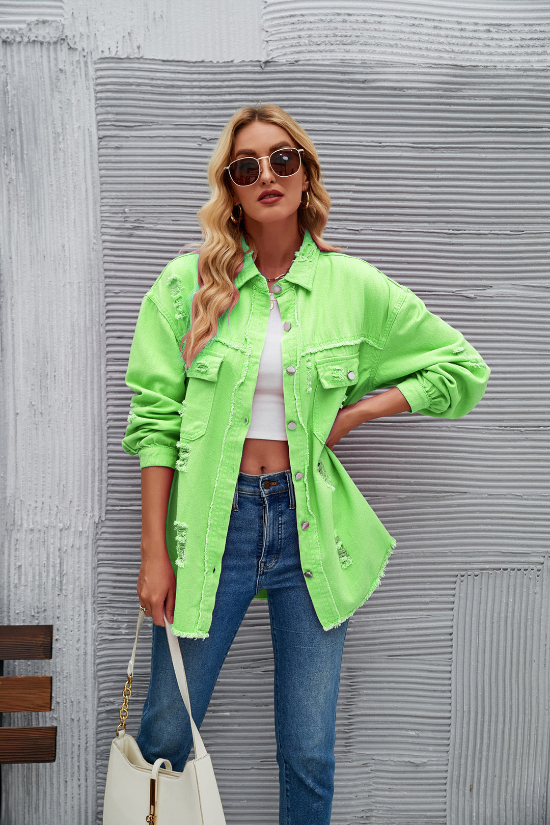 Oversized denim jacket for women with modern distressed details Lune London