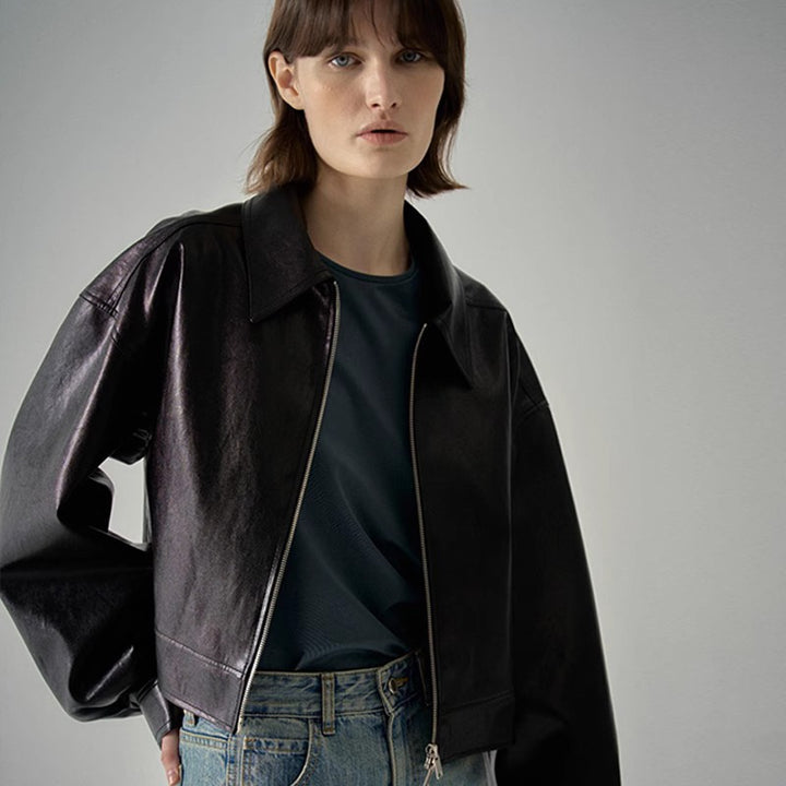 Women's leather jacket with modern oversized cut and innovative details Lune London