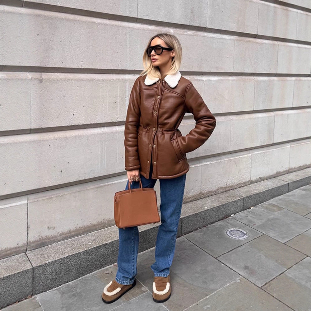Women's Tailored Faux Leather Jacket with Drawstring, Teddy Collar and Snap Button Placket Amarae