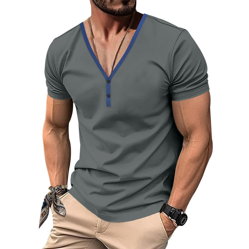 Men's V-neck T-shirt with button placket and contrasting detail Lune London