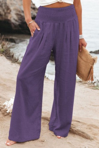 Lune London | Women's Wide Linen Pants with Elastic Waistband and Side Pleats