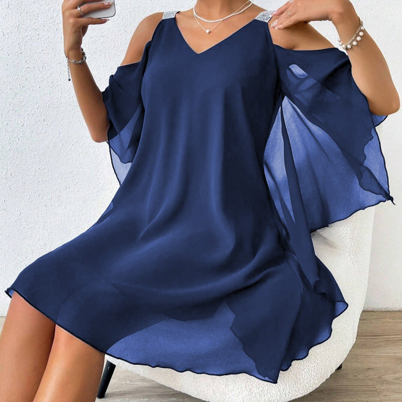 Fluid dress for women with off-the-shoulder design and ruffled hem Lune London