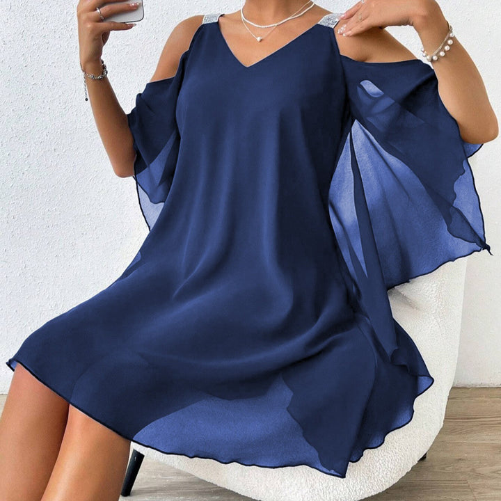 Fluid dress for women with off-the-shoulder design and ruffled hem Lune London