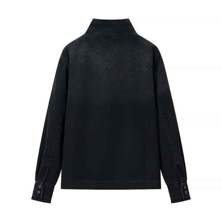 Veste en denim moderne pour femmes avec col asymétrique et boutons-pression pratiques Chic & Stil
