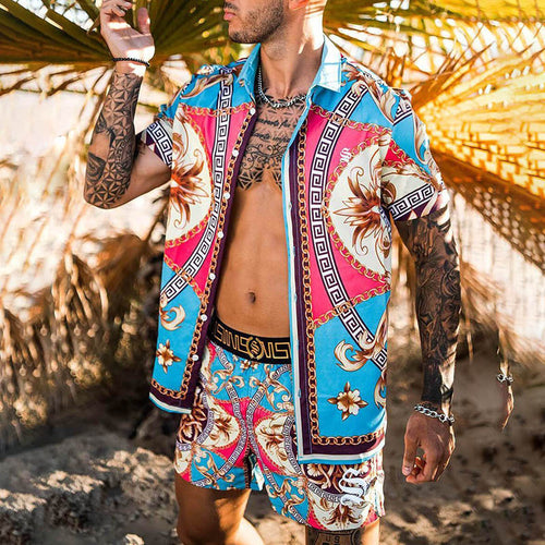 Men's Set Short Sleeve Tropical Print Shirt and Matching Swim Shorts Amarae