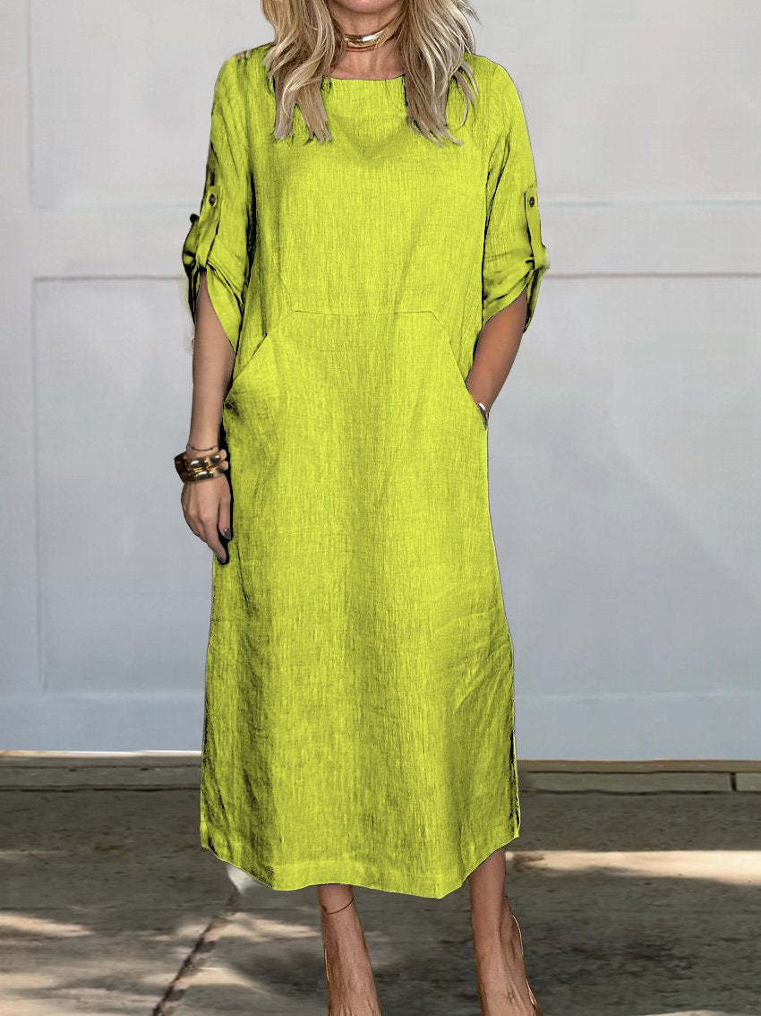 Women Casual Linen Midi Dress with Side Pockets and Roll-Up Sleeves Chic & Stil