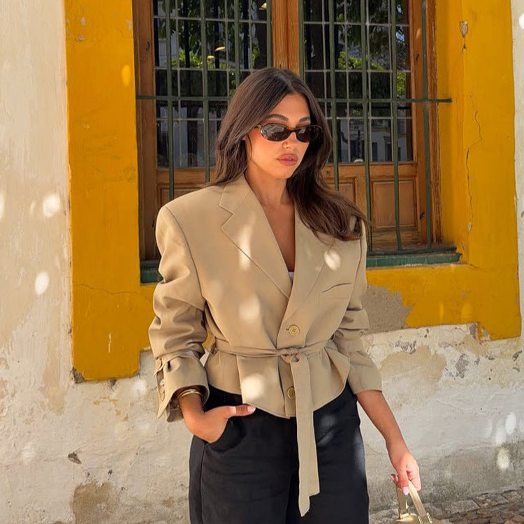 Women's Tailored Cropped Blazer with Belt and Remarkable Shoulder Area Amarae