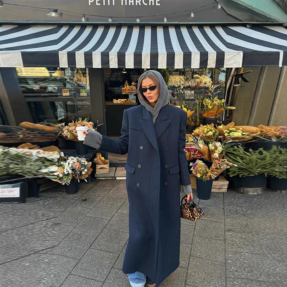 Women's maxi coat in pinstripe look with double-breasted button placket and lapel collar Amarae