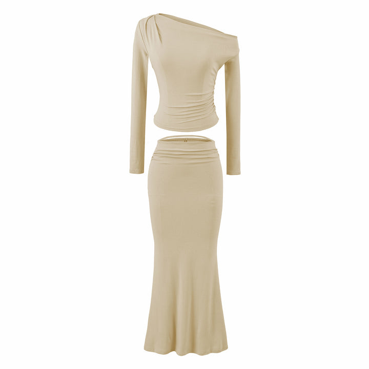 Women's One-Shoulder Two-Piece Set with Ruched Crop Top and Fitted Maxi Skirt Amarae