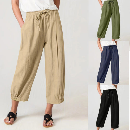 Wide linen trousers for women with elastic waistband and practical pockets Amarae