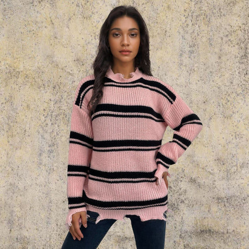 Chunky knit sweater for women with a casual striped pattern Amarae