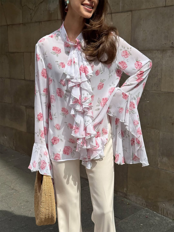 Women's chiffon blouse with rose print, ruffles and bell sleeves Amarae