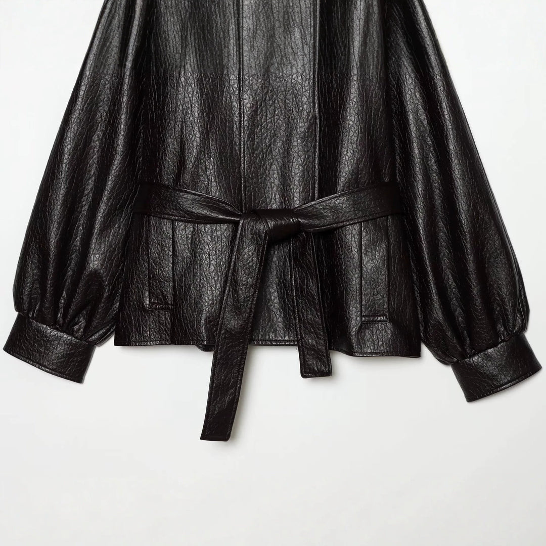 Women's short jacket made of faux leather with high buckle collar and waist belt Amarae