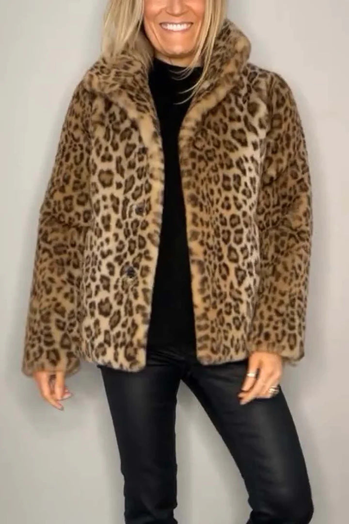 Ladies Leopard Print Faux Fur Jacket with High Collar Lune London