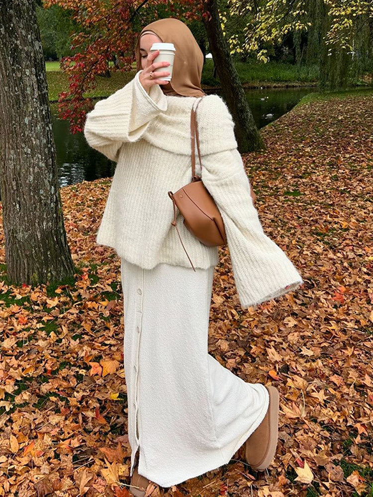 Women's Oversize Off-Shoulder Ribbed Knit Sweater with Wide Bell Sleeves Amarae