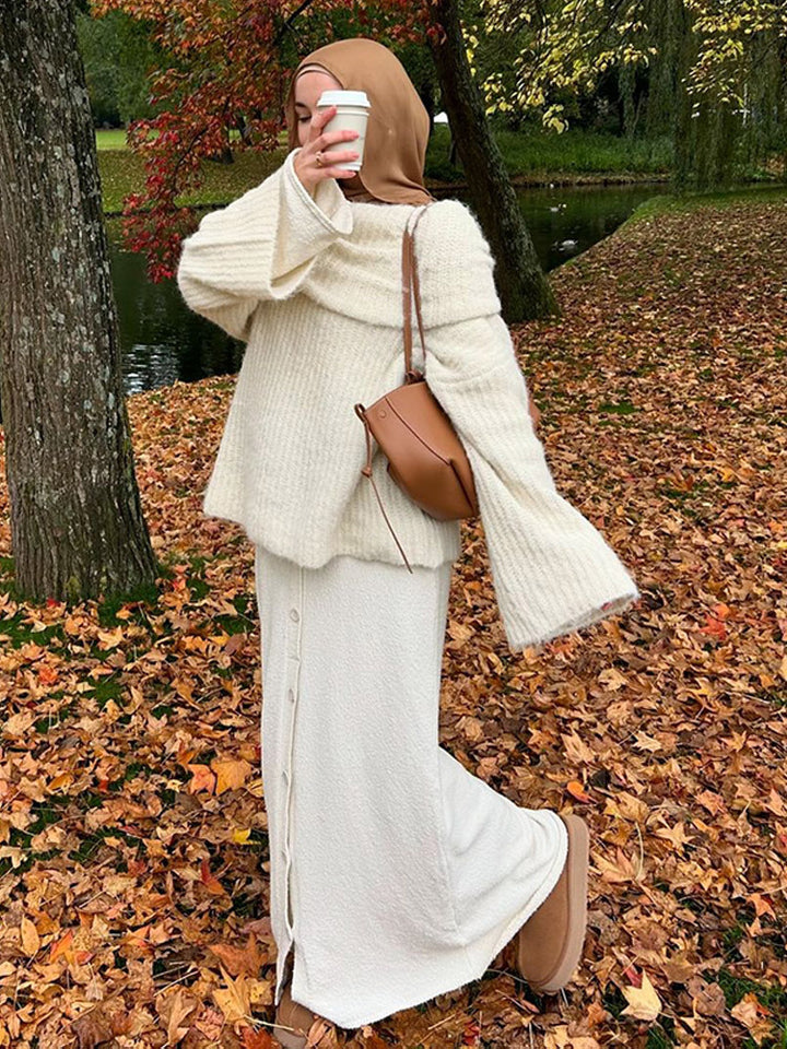 Women's Oversize Off-Shoulder Ribbed Knit Sweater with Wide Bell Sleeves Amarae