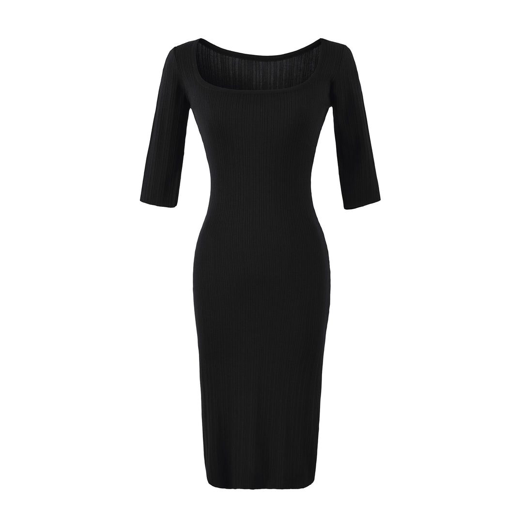 Women's Ribbed Midi Dress with Square Neckline and Three-Quarter Sleeves Amarae