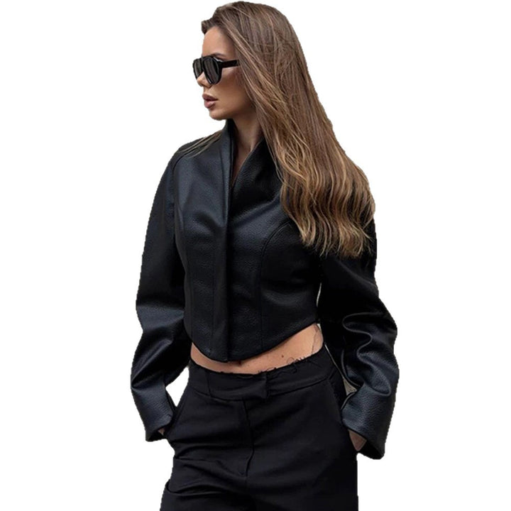Women's Short Faux Leather Jacket with High Stand-Up Collar and Boxy Silhouette Amarae