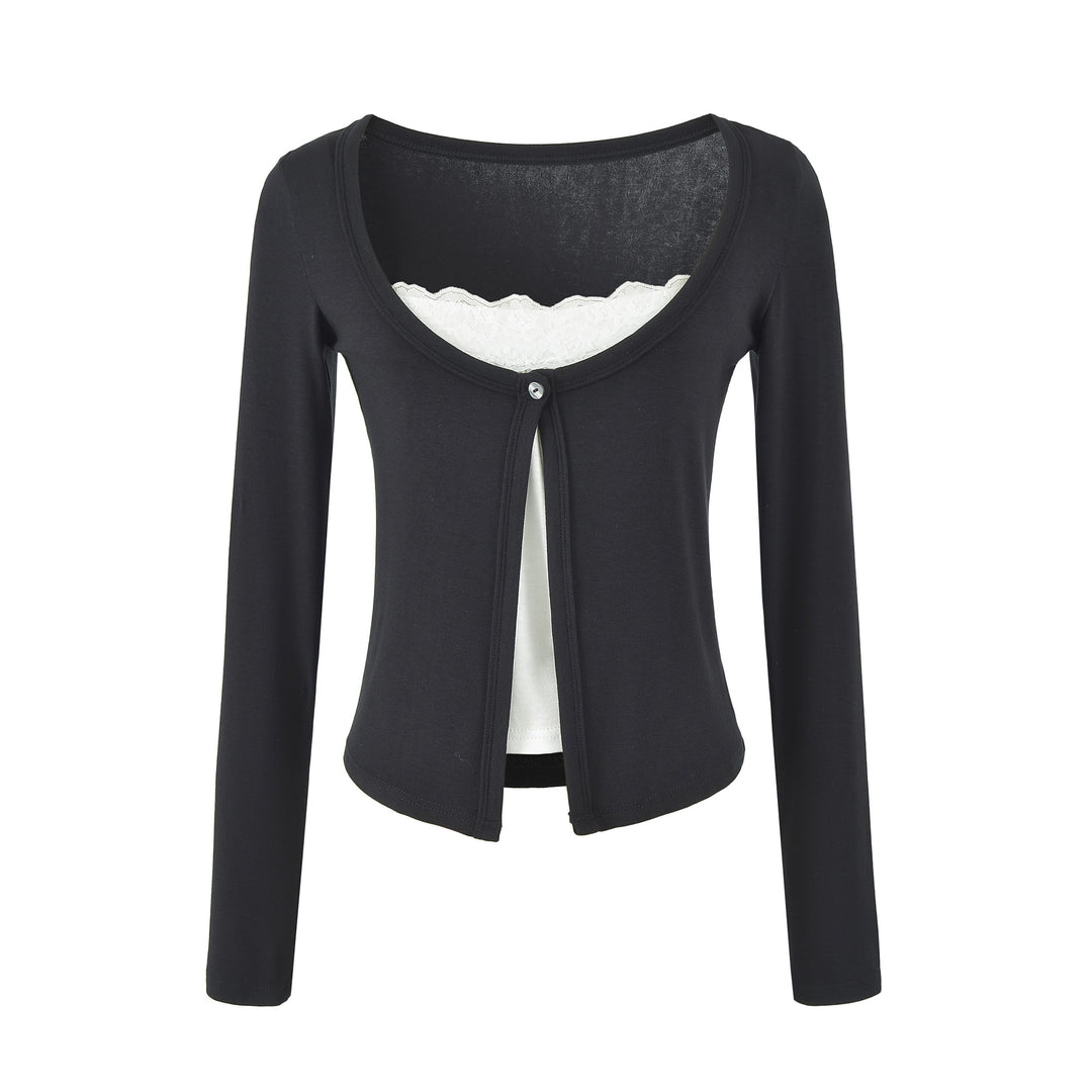 Women's layered cardigan with integrated lace cami and single-button closure Amarae