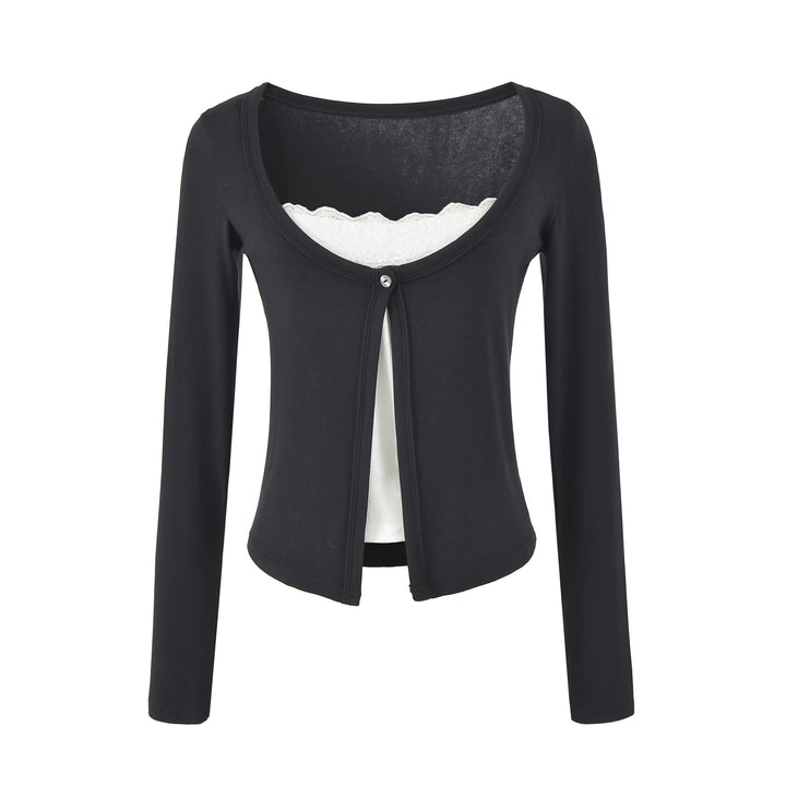 Women's layered cardigan with integrated lace cami and single-button closure Amarae