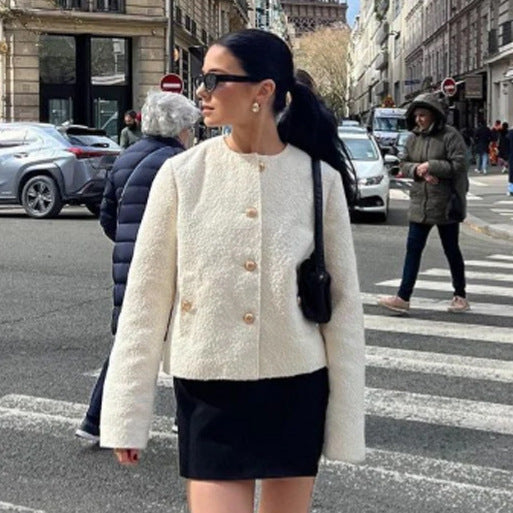Women's Boucle Jacket with Gold-Embellished Buttons and Boxy Cropped Cut Amarae