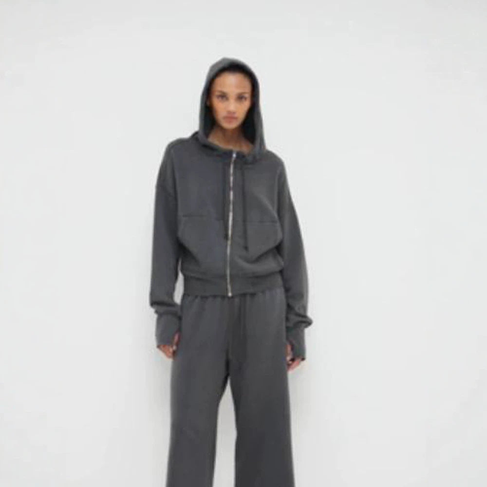 Ladies cropped hoodie sweatshirt with full zip, kangaroo pockets, and extended sleeve cuffs Amarae