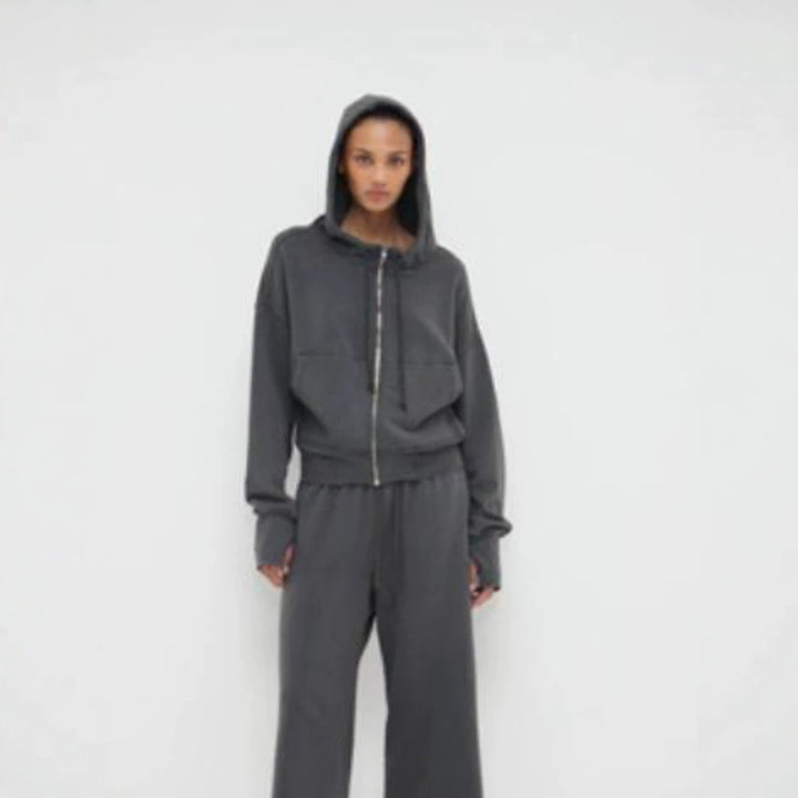 Ladies cropped hoodie sweatshirt with full zip, kangaroo pockets, and extended sleeve cuffs Amarae