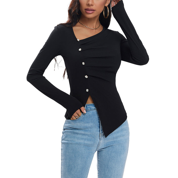 Chemise à manches longues pour femme avec design de boutons élégants et ourlet asymétrique Chic & Stil