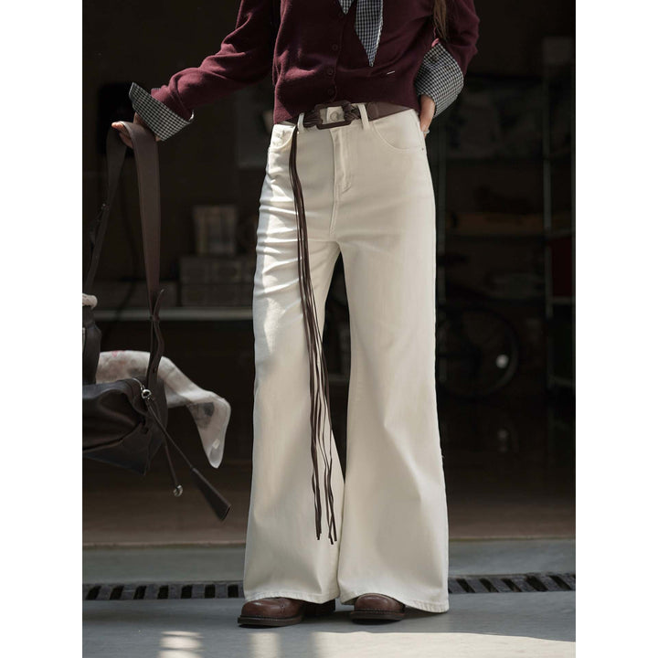 Women High-waisted wide cotton pants with wide leg and fringed leather belt Amarae