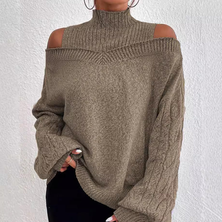 Damen Schulterfreier Oversize-Strickpullover mit Stehkragen Drune