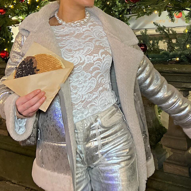 Fashionable women’s transitional jacket with luxurious faux fur trim and shiny surface Lune London