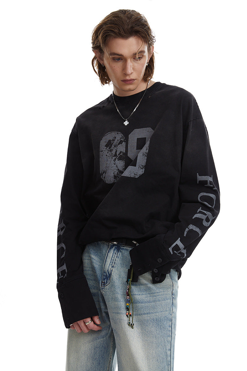 Men's Oversized Long Sleeve Sweatshirt with Print, Extended Cuffs and Used Details Amarae