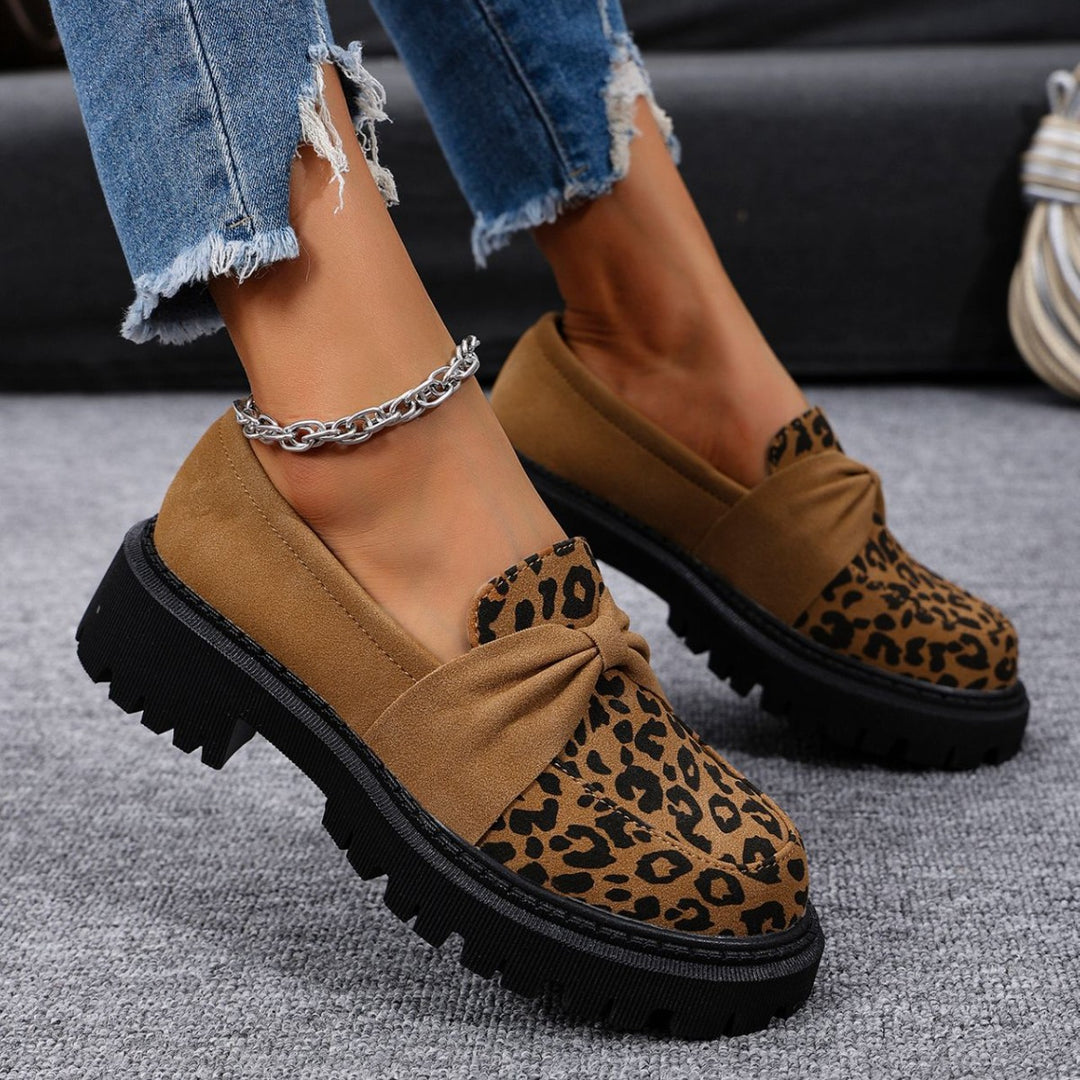 Women's Chunky Loafer with Decorative Knot Bow and Leopard Tip Amarae