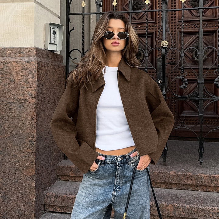 Cropped polyester jacket for ladies in modern chic style