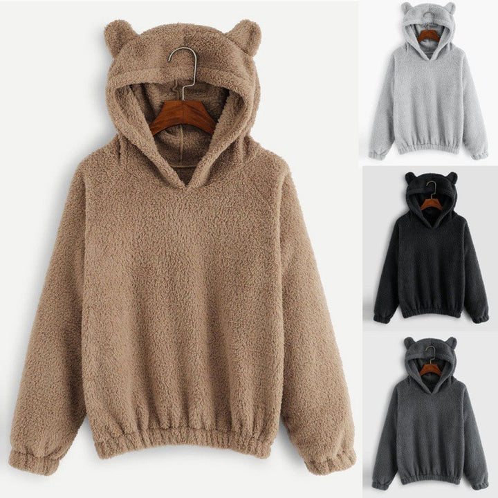 Women's Cozy Teddy Hooded Sweater with Bear Ears and Drawstring Hem Amarae