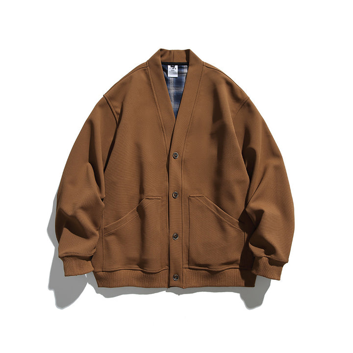 Unisex Boxy-Cardigan Jacket with V-neck, patch pockets and checked lined interior Amarae