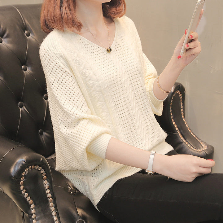 Lightweight knitted sweater for women with V-neck and openwork pattern Lune London